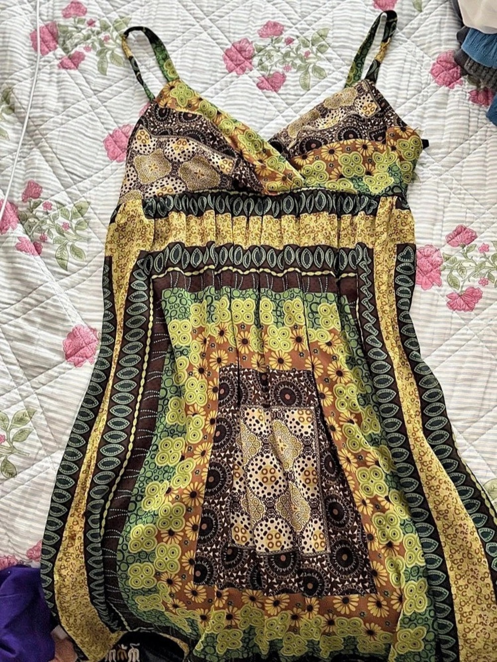 Green & Brown Printed Mini Babydoll Dress